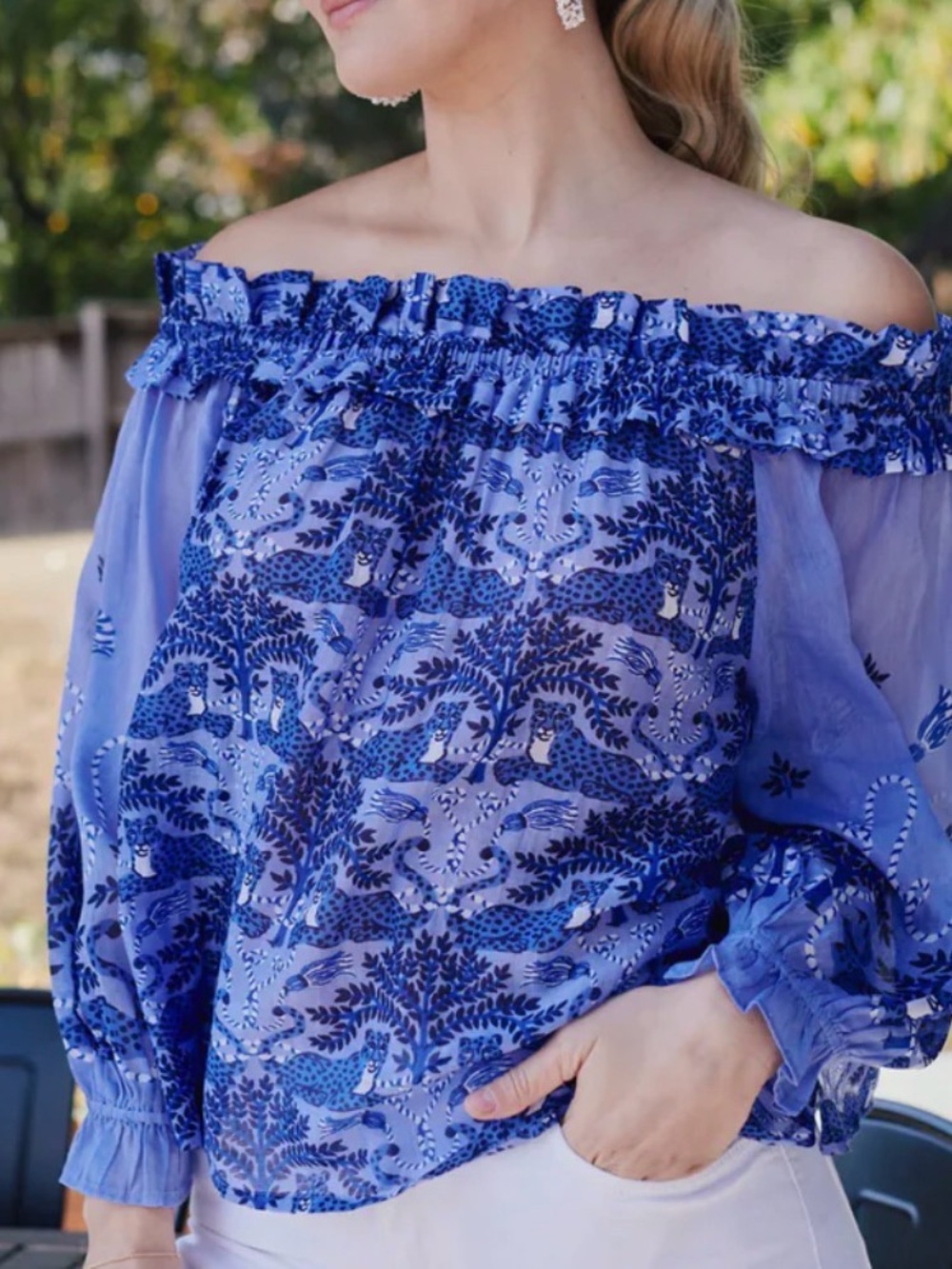 Printfresh Elegant Escape Top in Charming Cheetahs Print - Blue NWT